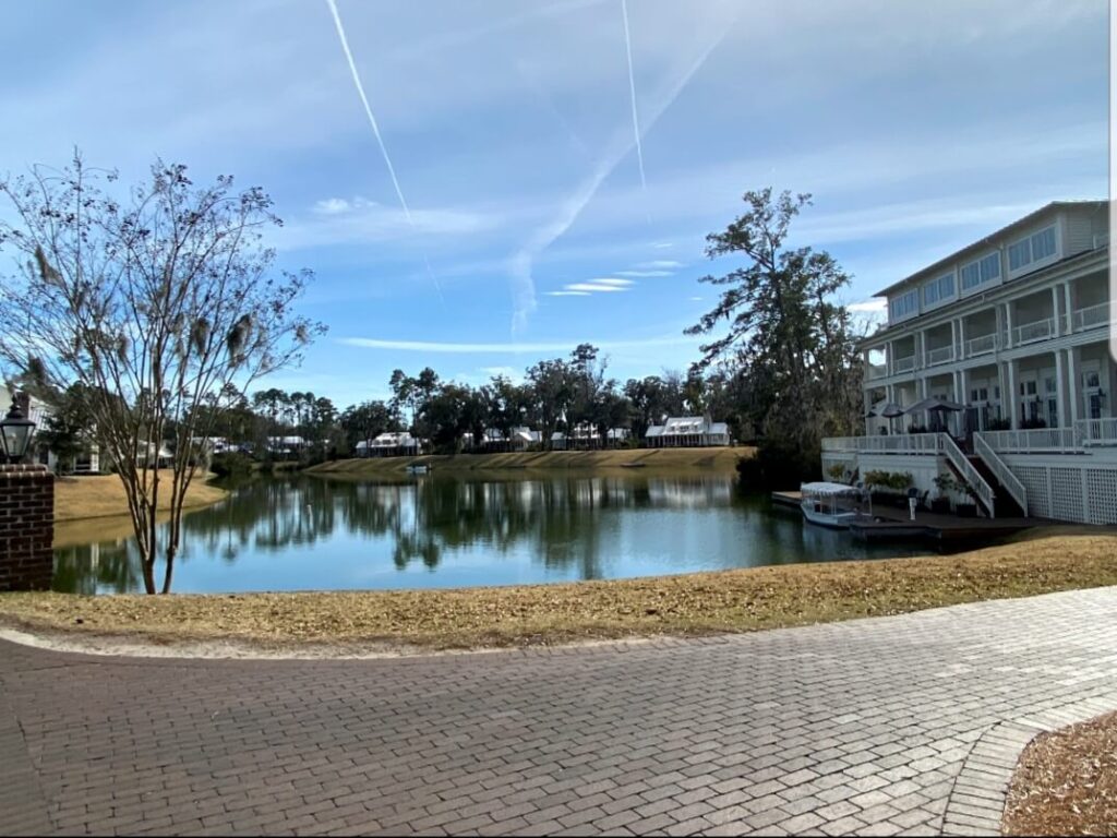 A pond with trees and buildings in the background.