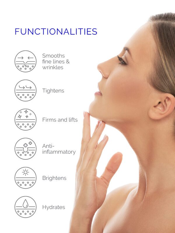 Woman's face with skin care benefits.