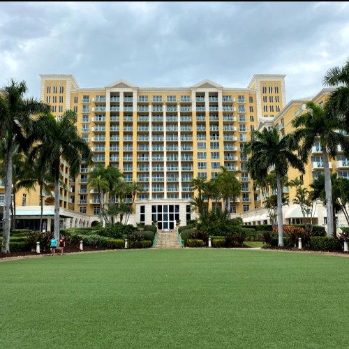 A large building with palm trees in front of it.