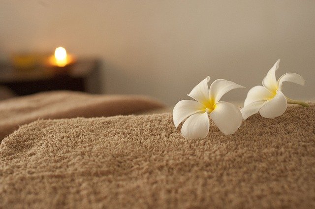 A close up of two flowers on the floor