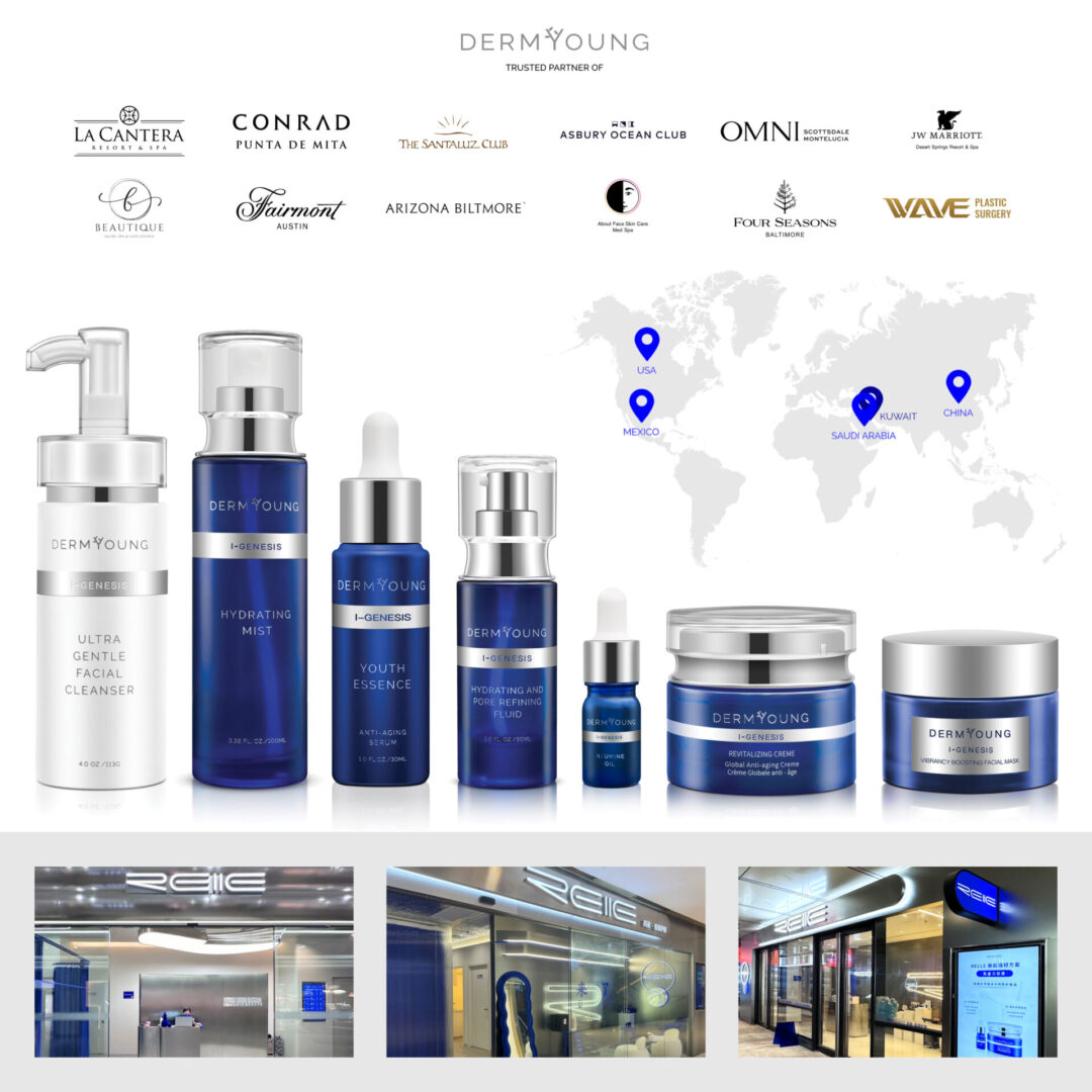 DermYoung skincare products and store fronts.