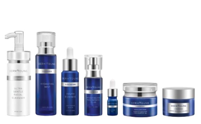 Derm Young skincare product collection.